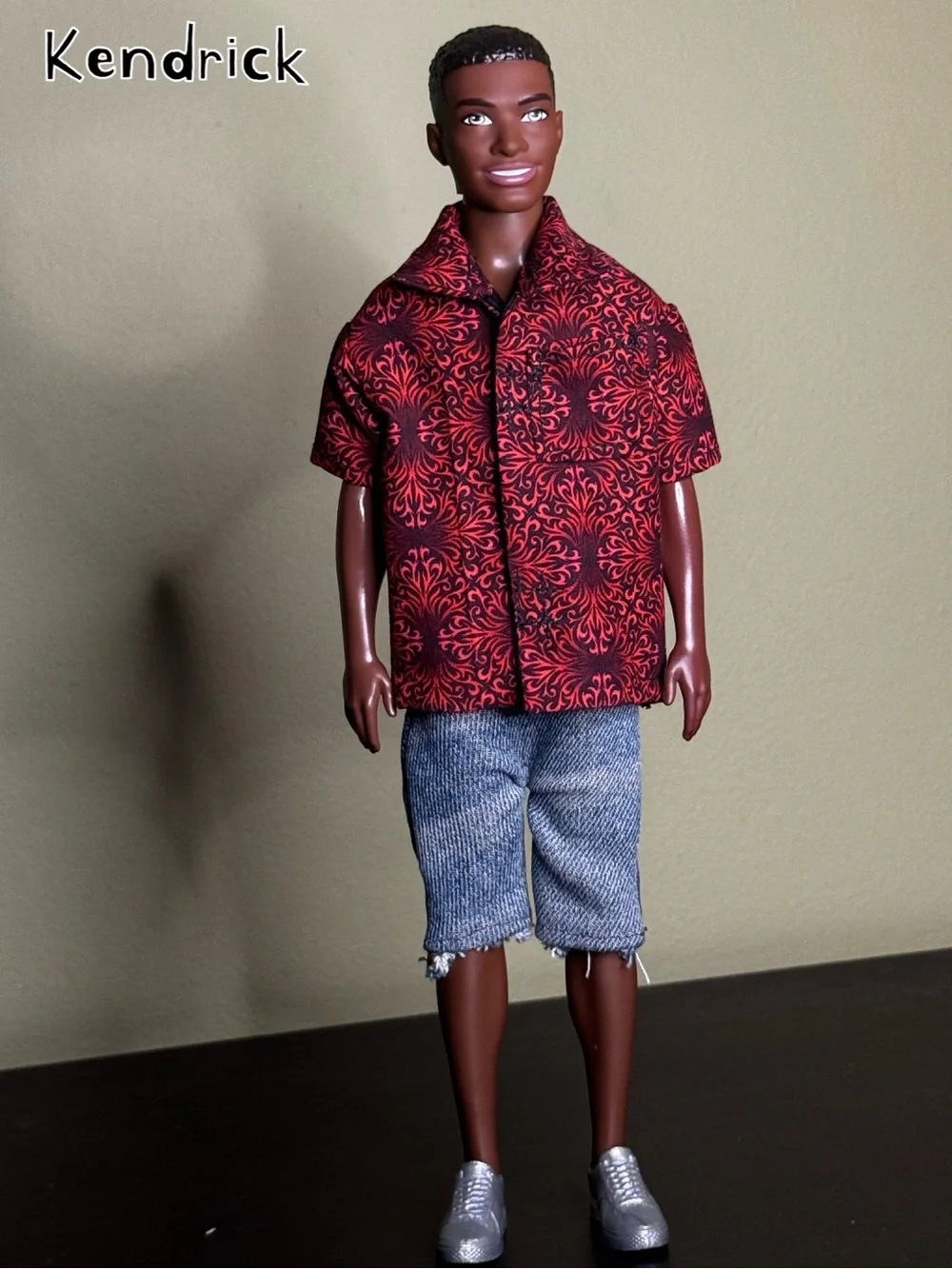 Crimson damask swirl print doll shirt lined in black